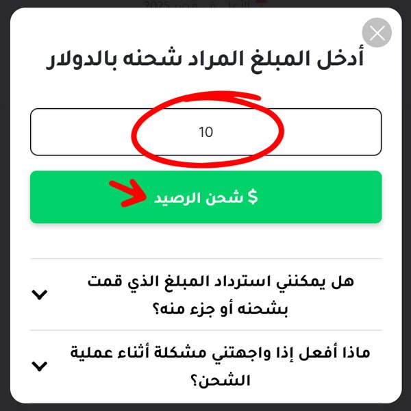إدخال المبلغ الذي ترغب في شحنه